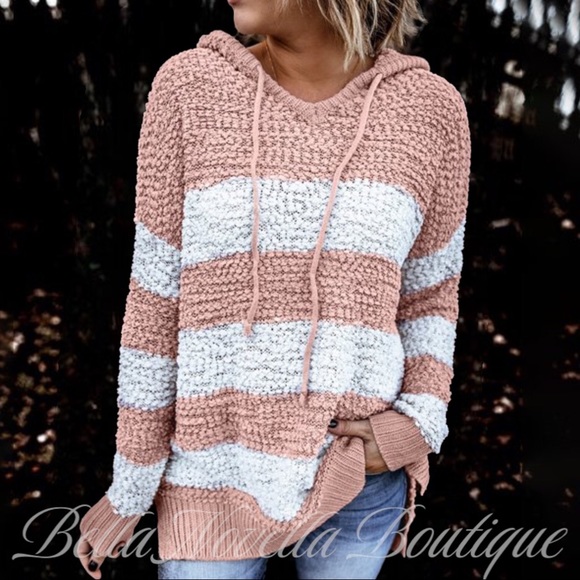 Striped Popcorn Hoodie Sweater Apricot & White - Picture 1 of 8